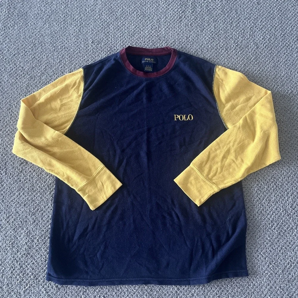 Men's Polo Ralph Lauren Waffle Knit Color Block‎ Y2K Long Sleeve Shirt. Top, XL
